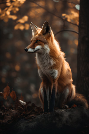 Red fox sitting on a rock in the forest at sunset in autumnの素材