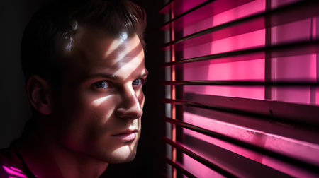 Portrait of a handsome young man in a dark room with pink blindsの素材