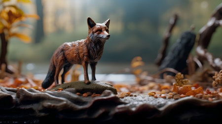 Wooden toy fox standing on rock in autumn forest. Halloween conceptの素材
