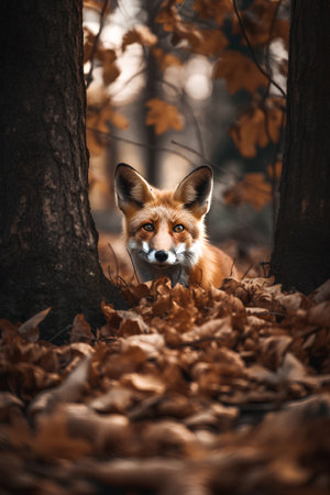Red fox in the autumn forest. Portrait of a wild animal.の素材
