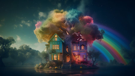 Fantasy house in the forest with rainbow. 3D illustration.の素材