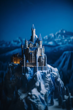 Fantasy scene with castle in snowy mountains. 3D rendering.の素材