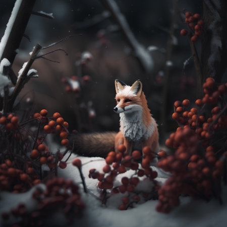 red fox in winter forest with red berries and snowfall, tonedの素材