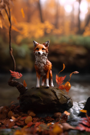 Red fox standing on a rock in the autumn forest. Autumn concept.の素材