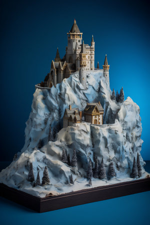 Fairy tale castle in the snow on a blue background. 3d renderingの素材