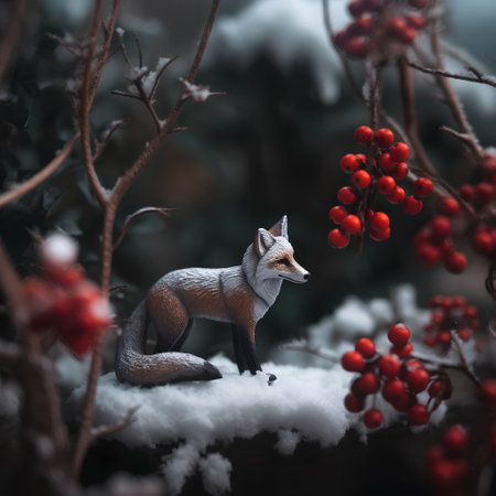 Christmas card with a little fox in the snow and red berries.の素材