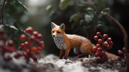 Red fox in winter forest with berries. Red fox in winter forestの素材