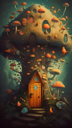 Fantasy landscape with mushrooms and wooden door. 3D illustration.の素材