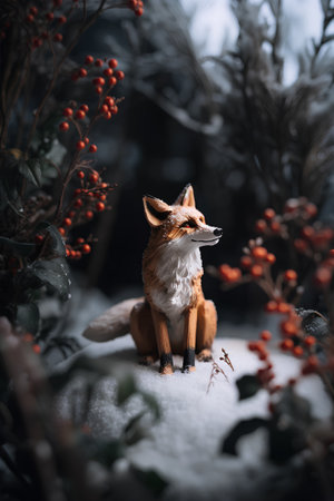 Beautiful little fox sitting on the snow in the forest at nightの素材