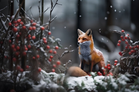 red fox in winter forest with snow on the ground and red berriesの素材
