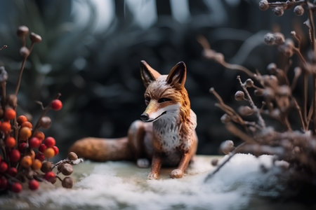 red fox in winter forest with berries and snowflakes, macroの素材