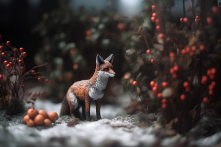 Christmas decoration with little red fox standing on snow with berries in backgroundの素材