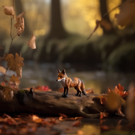 Red fox standing on a log in the autumn forest with fallen leavesの素材