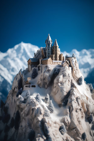Fantastic winter landscape with snow-covered castle on the rockの素材