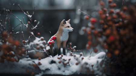 Cute little fox sitting on the snow with berries in winter.の素材