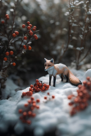 Red fox figurine on snow with rowan berries in the backgroundの素材