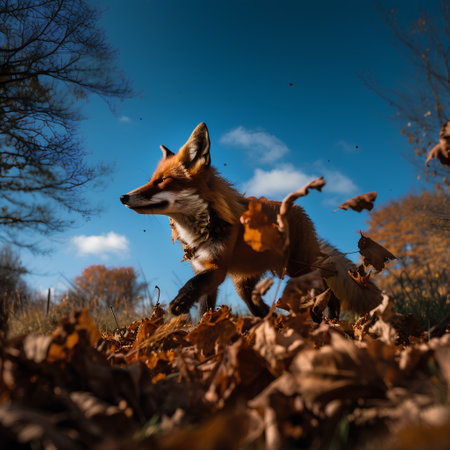 Red fox playing in the autumn forest with fallen leaves on the groundの素材