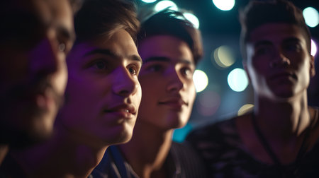 Group of young people in night club. Selective focus on manの素材