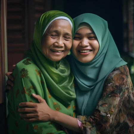 Portrait of an Asian muslim mother and her daughter at homeの素材