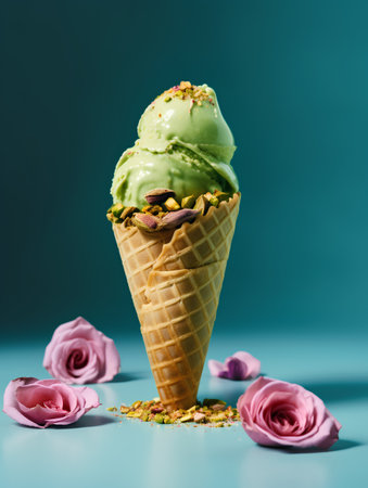 Ice cream in waffle cone with pistachios and roses on blue backgroundの素材