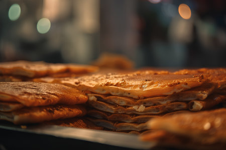 Stack of pancakes on the counter in the shop. Shallow depth of fieldの素材