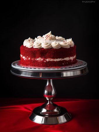 Red velvet cake with white cream on a dark background. Copy space.の素材