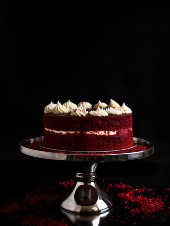Red velvet cake with cream on a black background. Copy space.の素材