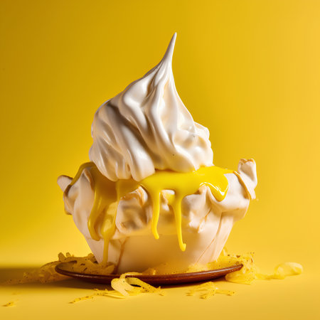 Cake with whipped cream on a yellow background. Copy space.の素材
