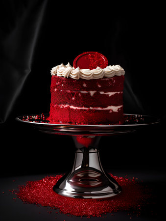 Red velvet cake on a glass stand on a black background with a red confettiの素材