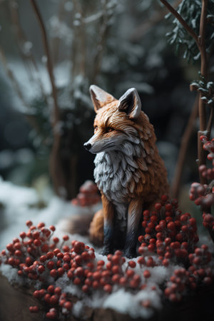 Christmas decoration with red fox and rowan berries in winter forest.の素材