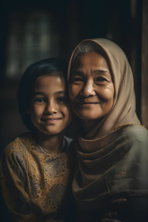Portrait of an old muslim woman with her daughter at homeの素材