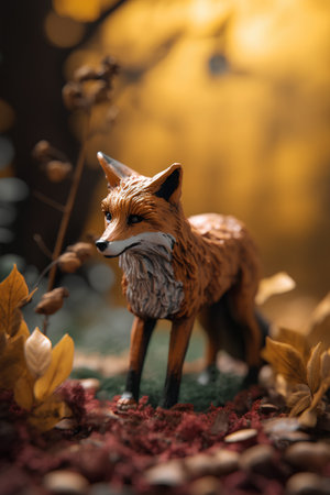 Close up of a red fox figurine in the autumn forest.の素材