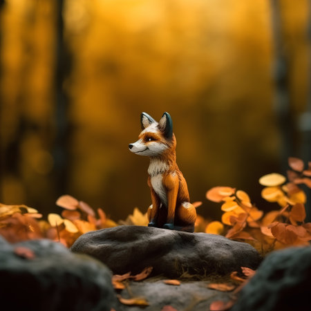 Red fox sitting on a rock in the autumn forest with fallen leavesの素材
