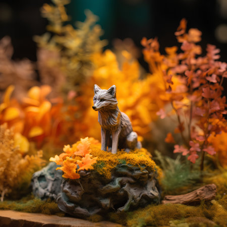 Closeup of Miniature figurine of fox in the forestの素材