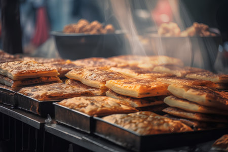 Thin pancakes on a street food market in Barcelona, Spain.の素材