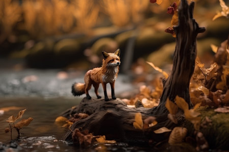 Red fox standing on a log in a stream in the autumn forestの素材