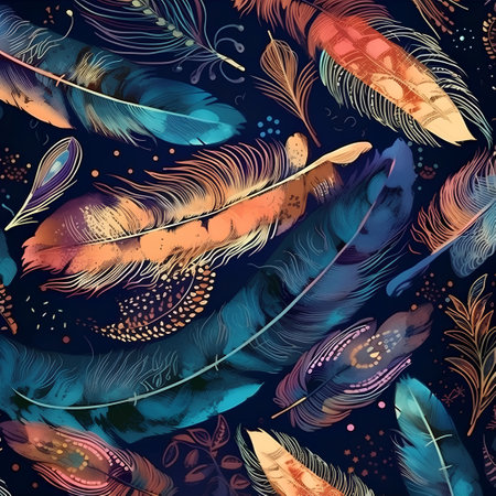 Seamless pattern with colorful feathers and leaves on dark blue backgroundの素材