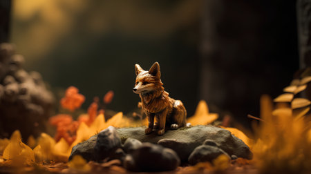 Miniature figurine of a fox sitting on a rock in the forestの素材