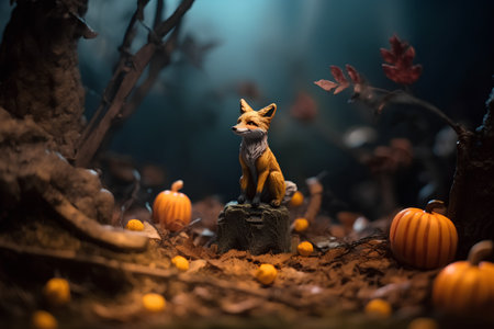 Fairytale scene with a little fox standing on a stump surrounded by pumpkinsの素材