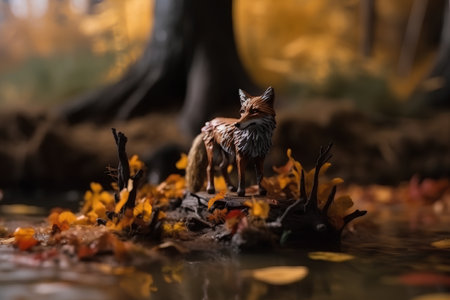 Funny little fox sitting on a tree stump in the autumn forestの素材