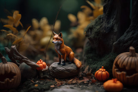 Cute little fox in a forest with pumpkins. Halloween concept.の素材