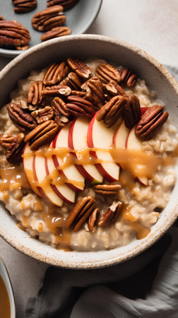 Oatmeal porridge with apple and pecan nuts, healthy breakfastの素材