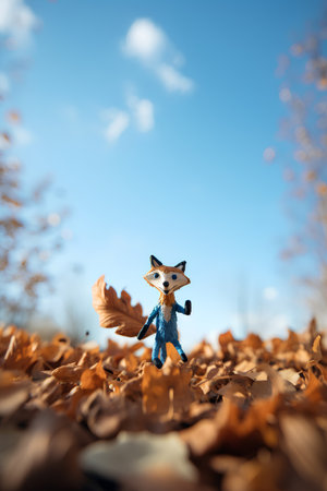 Figurine of fox in autumn leaves on a background of blue skyの素材