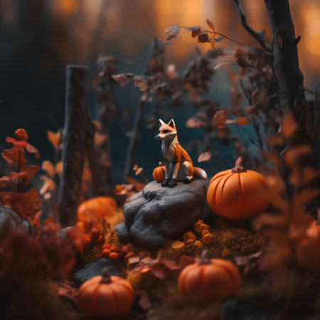 Halloween pumpkin and fox in the forest. 3D rendering.の素材