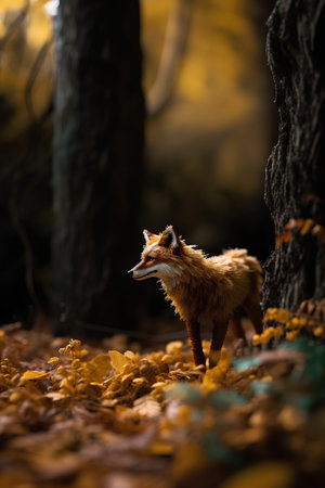 red fox in the autumn forest, shallow depth of field, selective focusの素材