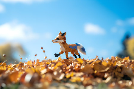 Wooden toy fox on a background of autumn leaves and blue skyの素材