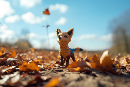 Homemade toy fox on the background of autumn leaves. Selective focus.の素材