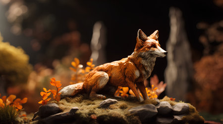 Plastic red fox sitting on a rock in the forest. 3d rendering.の素材