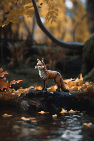 Little red fox standing on a log in the autumn forest with fallen leavesの素材