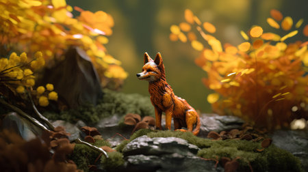 Fantasy scene with a red fox figurine in the forest.の素材